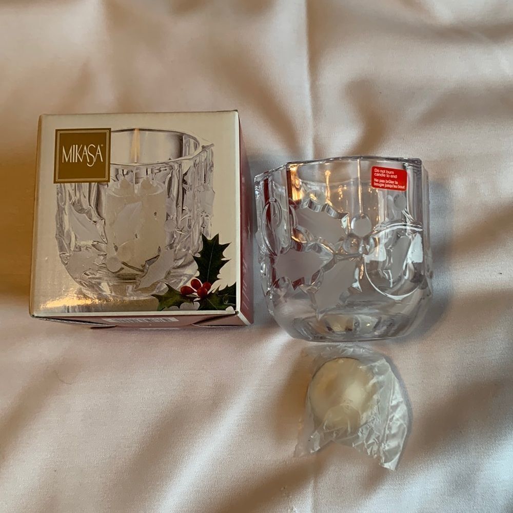 Mikasa Holly Crystal Votive Candle Holder New in Box Christmas Holiday Decor